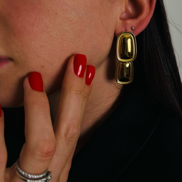New Smooth Glossy Geometric Rectangle Pendant Earrings Gold Statement - Picture 5 of 9